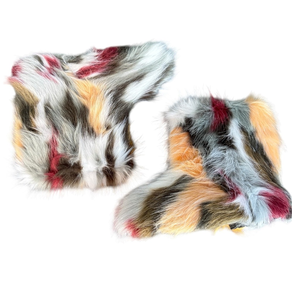 Faux Fur Snow Boots Womens Size 11 Multicolor Animal Print Pull On Winter